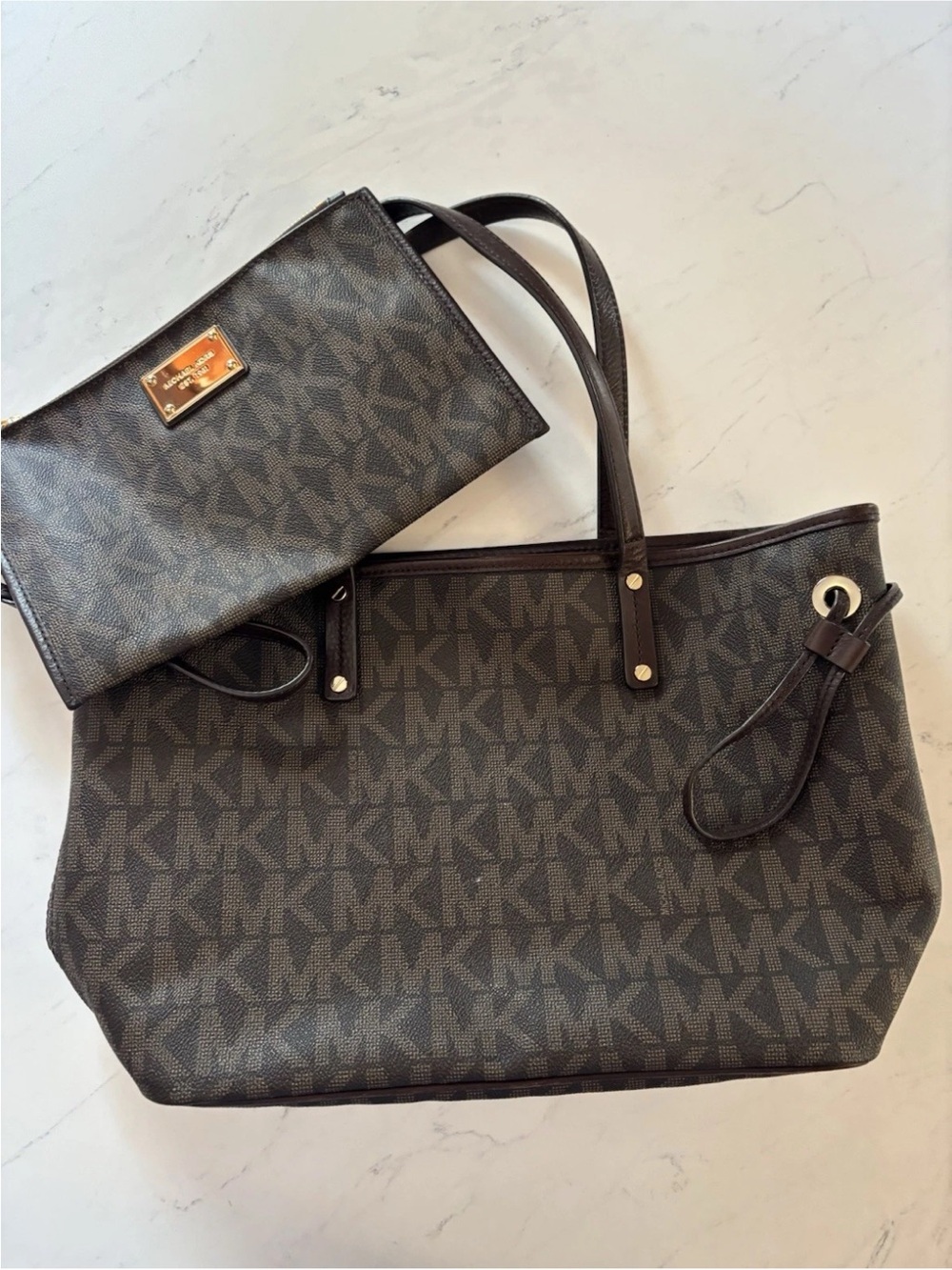 Michael Kors Dark Brown Monogram Tote with Matching Wristlet